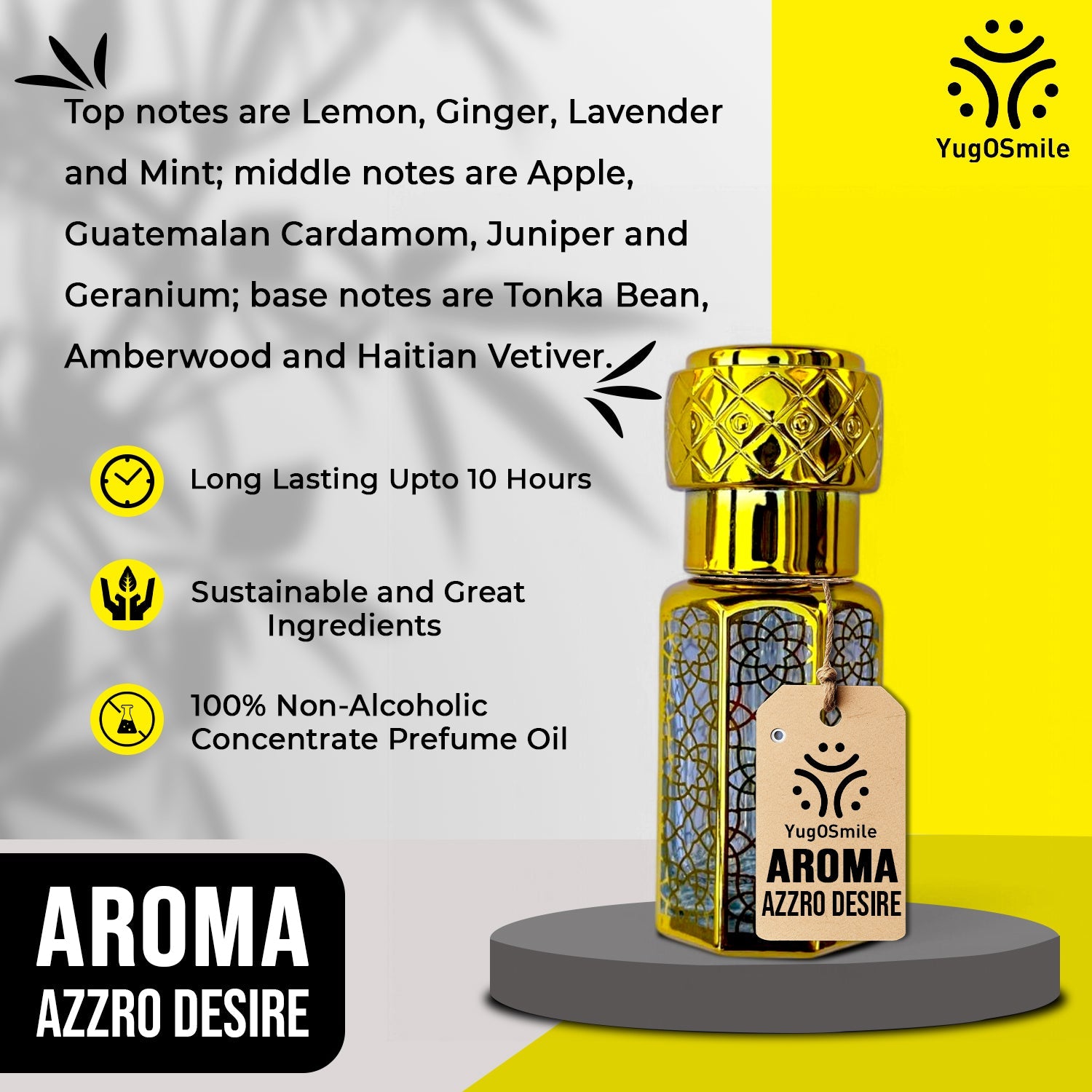 YUGOSMILE Azzro Desire Attar 6ml | 100% Pure Luxury Attar Oil | Long-Lasting Unisex Roll-On Perfume | Premium Arabic Fragrance for Men & Women | Alcohol-Free Exotic Scent
